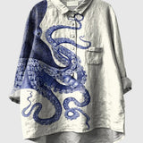 Amelia | Elegante Bluse mit tiefblauem Oktopus-Motiv