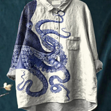 Amelia | Elegante Bluse mit tiefblauem Oktopus-Motiv
