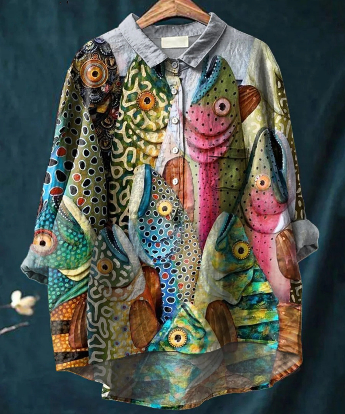 Esme | Elegante Vintage-Bluse mit kunstvollem Fischdruck