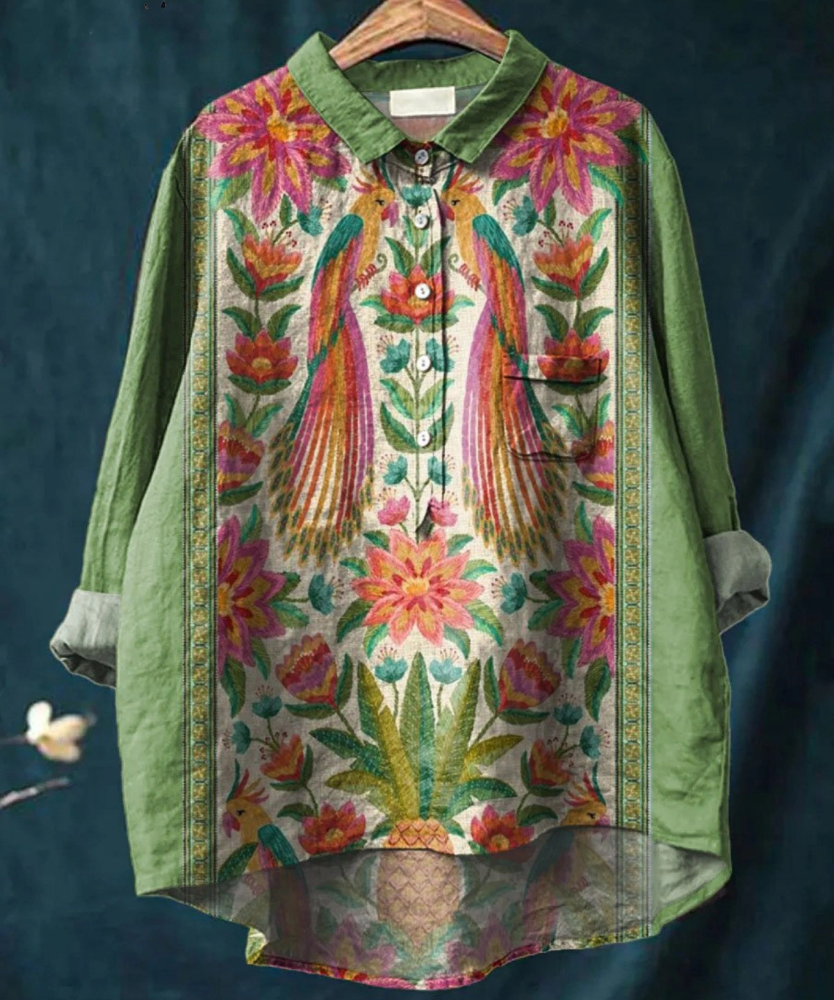 Arabella | Elegante Vintage-Blumen und Vogelkunst in moderner Hemdblusenform