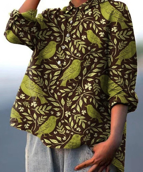 Victoria | Elegante Bluse mit vintage Blumen- und Vogelkunstprint